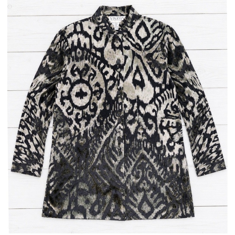 Vintage Vision Int. Fashion Velvet Burnout Ikat Shirt 80s-90s Boho  Grey Size 6